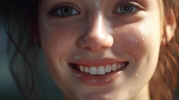 Closeup of a smiling womans face with water droplets photo