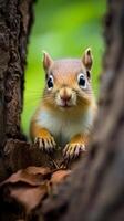 Curious squirrel peeking out from tree photo
