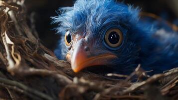 close up of a blue bird in a nest photo