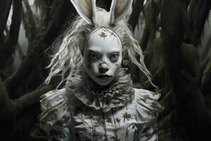 creepy clown doll in dark forest photo