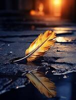 Glowing feather reflection on icy surface photo