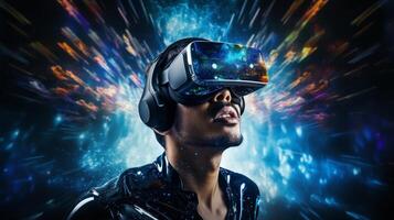 man experiencing virtual reality with futuristic headset photo