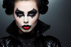 Dramatic gothic makeup with dark eye shadow and red lips photo