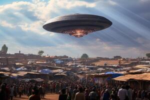 Mysterious UFO hovering over crowded marketplace photo