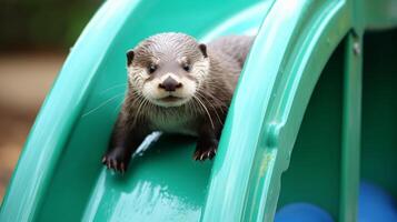 Cute otter peeking out from a green slide photo