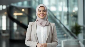 confident young woman in hijab smiling in office photo