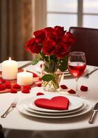romantic dinner table setting with red roses and wine photo