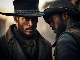 Two rugged men in cowboy hats and coats looking intensely at each other photo