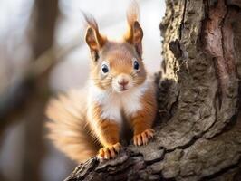 Curious Squirrel Peeking Out from Tree Bark photo