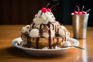 Decadent ice cream sundae with cherries, whipped cream, and chocolate sauce photo