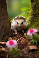Curious hedgehog peeking out from behind tree trunk photo