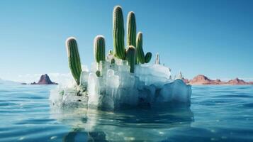 surreal desert oasis with ice formations and cacti photo