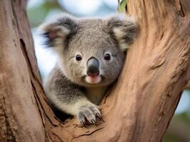 Adorable koala peeking out from tree photo