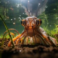 close up of a frog with large eyes in a pond photo