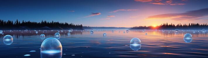 Serene sunset over a tranquil lake with floating ice bubbles photo
