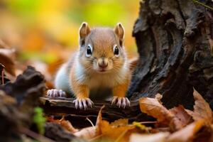 Cute squirrel peeking out from behind tree trunk photo