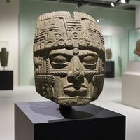 ancient stone sculpture with intricate patterns and facial features photo