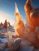 Frozen landscape with towering ice formations photo