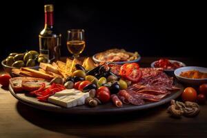 Delicious Mediterranean appetizer platter with cured meats, cheeses, olives, and bread photo