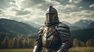medieval knight in armor standing in a field photo