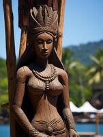 Carved wooden tribal statue in tropical setting photo