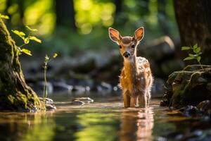 Curious deer standing in a forest stream photo