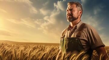 Farmer standing in golden wheat field under dramatic sky photo