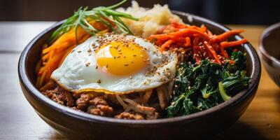 Delicious Korean bibimbap with fried egg, vegetables, and beef photo