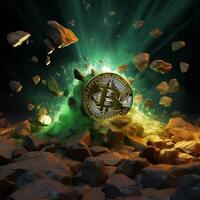 Glowing bitcoin cryptocurrency surrounded by rocks photo