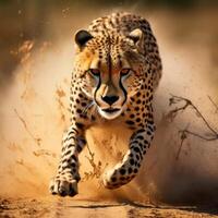 Powerful cheetah running through the dust photo