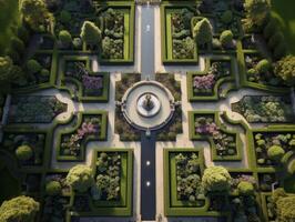 Ornate formal garden with symmetrical design and water fountain photo