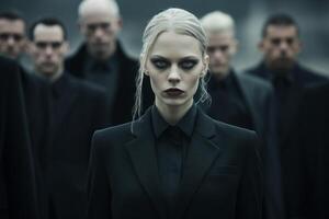 Serious woman in black coat with group of men in background photo