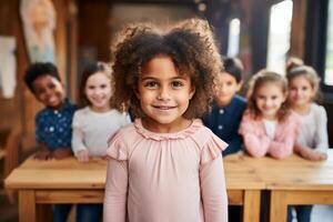 Smiling young girl with curly hair in a classroom setting photo