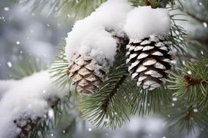 snowy pine cones on evergreen tree branches photo
