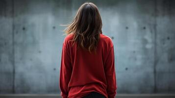 woman in red jacket standing in front of concrete wall photo