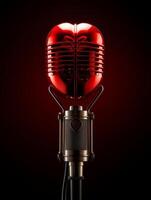 Retro microphone with red shell on dark background photo