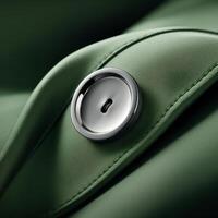 Close up of a green leather chair with a chrome button photo