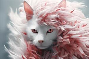Fluffy white cat with pink feathers photo