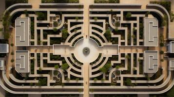 Intricate architectural design with geometric patterns and greenery photo