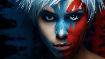 intense warrior face with blue and red paint photo