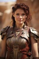 Warrior woman in armor posing confidently photo