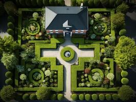Aerial view of a meticulously designed garden with geometric patterns photo