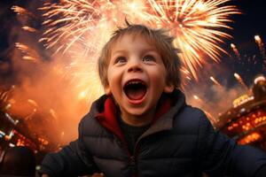 Joyful child watching fireworks display photo