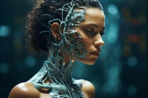 futuristic cyborg woman with glowing tech implants photo