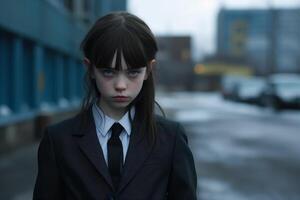 serious young girl in formal attire standing in urban setting photo