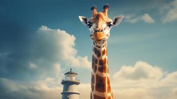 Curious giraffe looking at lighthouse photo