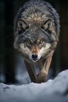 Captivating close up of a fierce wolf in the snowy wilderness photo
