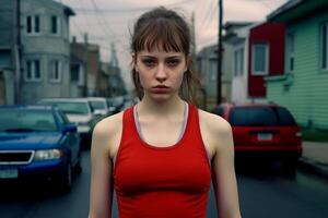 young woman in red tank top on city street photo