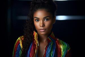 Confident woman with colorful jacket photo