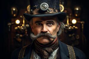 Steampunk portrait of a rugged man with a mustache and goggles photo